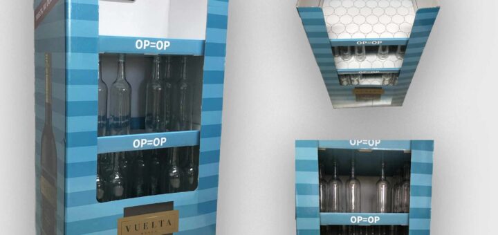 Blue striped wine display units with bottles visible on the shelves, featuring 'OP=OP' signs and a VUELTA Tempranillo Merlot label; promotional top card reads 'Viva España!'