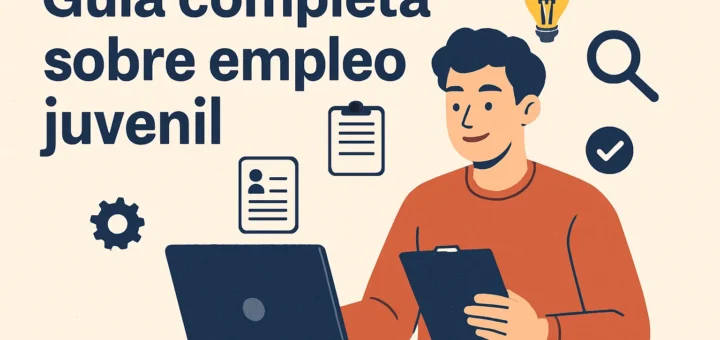 Ilustración de un joven frente a una laptop y un cuaderno, anunciando una guía sobre empleo juvenil.