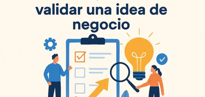 Guía gráfica sobre validar una idea de negocio, con una checklist y persona mirando un gráfico de crecimiento.