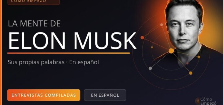 Banner promocional en español con retrato de un empresario tecnológico, título 'La mente de …', subtítulo y gráficos orbitales a la derecha; botones 'Entrevistas compiladas' y 'En español'.