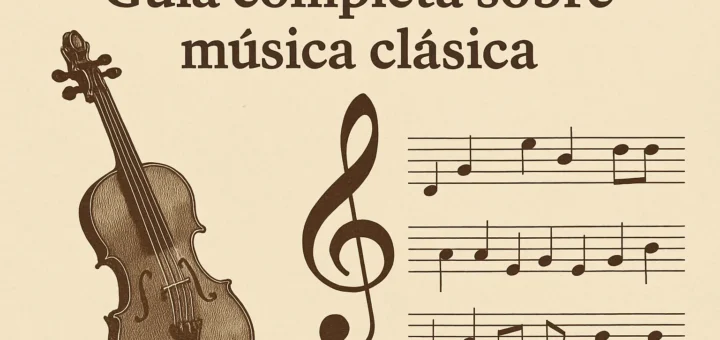 Cover showing violin, a large treble clef, and sheet music with the title 'Guía completa sobre música clásica'.
