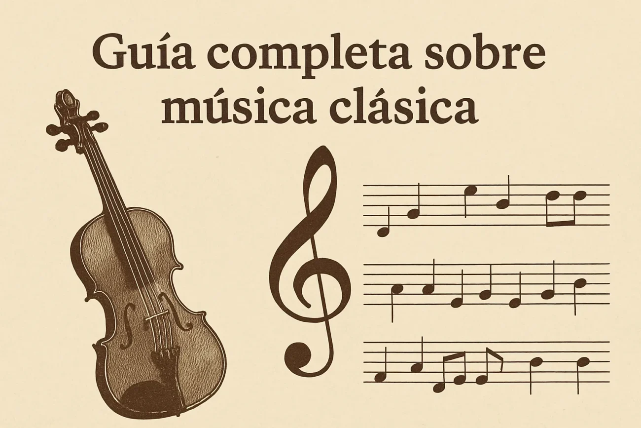 Guia-completa-sobre-musica-clasica | Diario-ABC.Com Cover showing violin, a large treble clef, and sheet music with the title 'Guía completa sobre música clásica'.