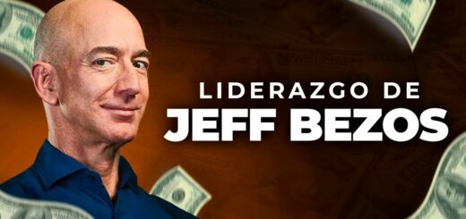 Smiling bald man in a blue shirt with dollar bills fluttering around him on a brown background, suggesting a video about leadership and wealth.