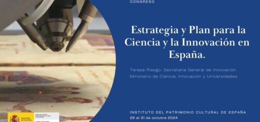 Poster for Congreso: Estrategia y Plan para la Ciencia y la Innovación en España, con fondo azul y imagen circular de una fresadora sobre madera a la izquierda, logos del Ministerio de Cultura en la esquina inferior izquierda.