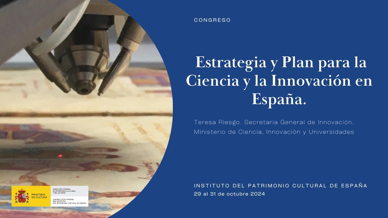 Todo-lo-necesario-para-comprender-innovacion-en-Espana | Diario-ABC.Com Poster for Congreso: Estrategia y Plan para la Ciencia y la Innovación en España, con fondo azul y imagen circular de una fresadora sobre madera a la izquierda, logos del Ministerio de Cultura en la esquina inferior izquierda.