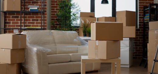 Living room with packed cardboard boxes and a plastic-wrapped sofa ready for moving.