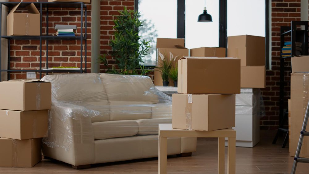 Living room with packed cardboard boxes and a plastic-wrapped sofa ready for moving.