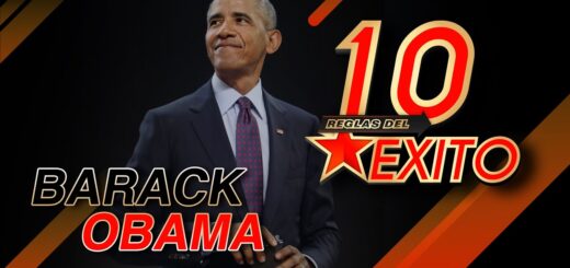 Barack Obama in a navy suit on a dark background with orange diagonal stripes and the graphic text '10 Reglas del Éxito'.