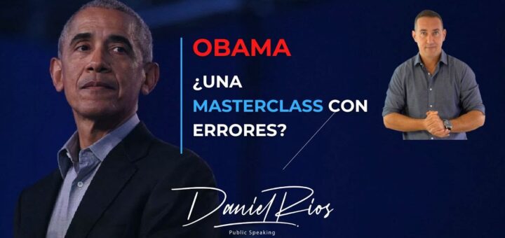 Promotional banner for a public speaking masterclass; left shows a man in a suit, right shows a casually dressed man, blue background, Spanish headline about a masterclass and errors, signature 'Daniel Rios'.