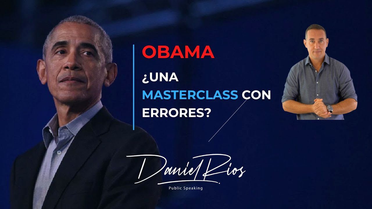Los-errores-que-Barack-Obama-reconocio-publicamente-durante-sus-entrevistas | Diario-ABC.Com Promotional banner for a public speaking masterclass; left shows a man in a suit, right shows a casually dressed man, blue background, Spanish headline about a masterclass and errors, signature 'Daniel Rios'.