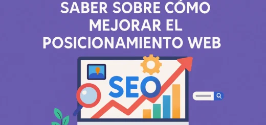 Banner in Spanish: 'Todo lo que debes saber sobre cómo mejorar el posicionamiento web' con una pantalla de computadora mostrando un gráfico ascendente y la palabra SEO junto a una lupa y barra de búsqueda.]