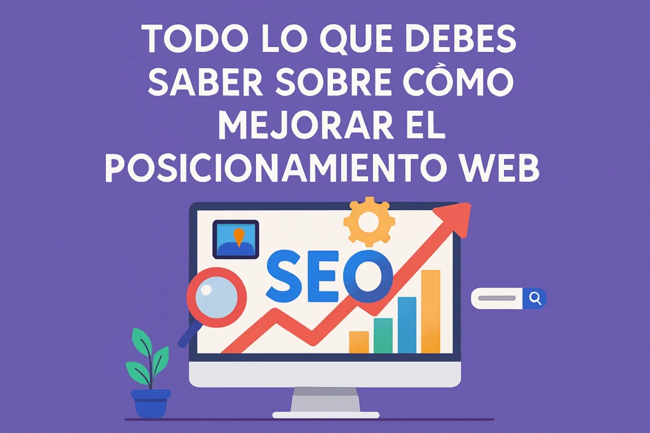 Banner in Spanish: 'Todo lo que debes saber sobre cómo mejorar el posicionamiento web' con una pantalla de computadora mostrando un gráfico ascendente y la palabra SEO junto a una lupa y barra de búsqueda.]