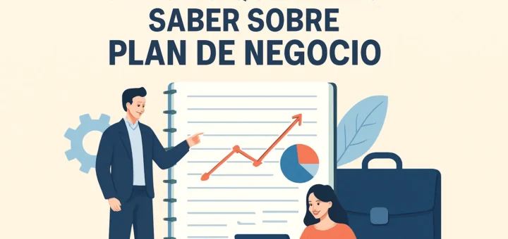 Guía sobre plan de negocio: hombre señala una libreta con gráficos mientras una mujer trabaja en una laptop, con maletín al fondo amidando escena corporativa.
