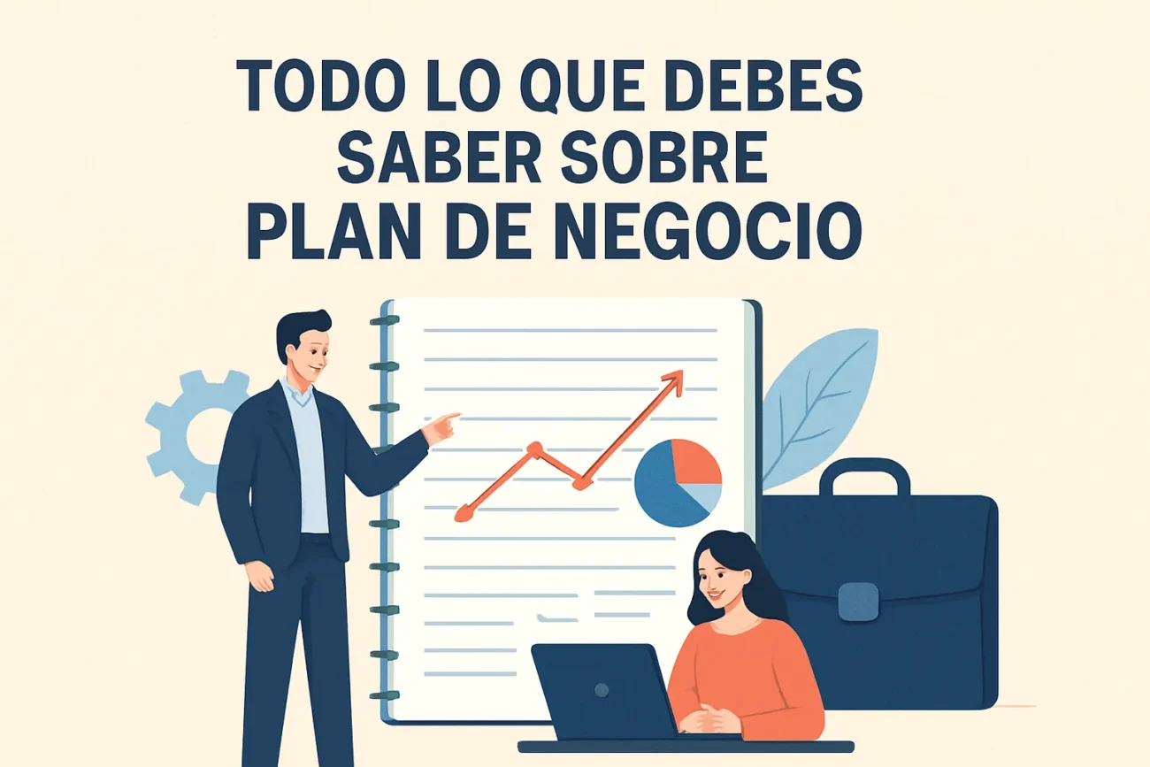 Todo-lo-que-debes-saber-sobre-plan-de-negocio | Diario-ABC.Com Guía sobre plan de negocio: hombre señala una libreta con gráficos mientras una mujer trabaja en una laptop, con maletín al fondo amidando escena corporativa.