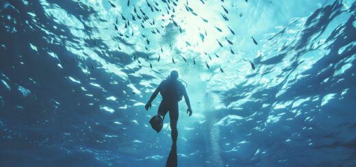 SCUBA diver swimming underwater with fins, surrounded by a school of fish and sunlit blue water.