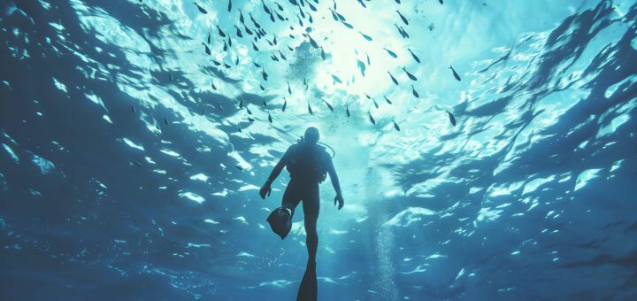 SCUBA diver swimming underwater with fins, surrounded by a school of fish and sunlit blue water.