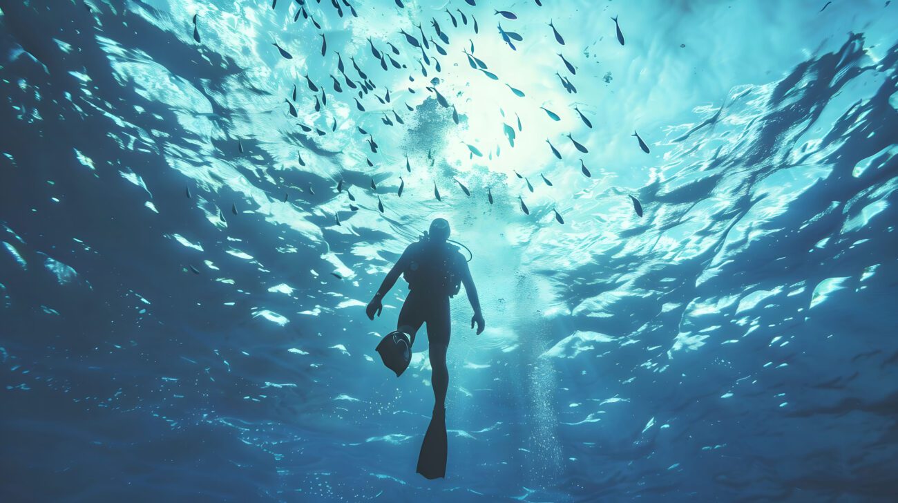 780696 Brisub | Diario-ABC.Com SCUBA diver swimming underwater with fins, surrounded by a school of fish and sunlit blue water.