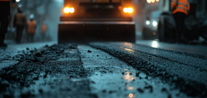 Road construction in progress: workers in high-visibility vests and a paving machine laying fresh asphalt on a city street at night.