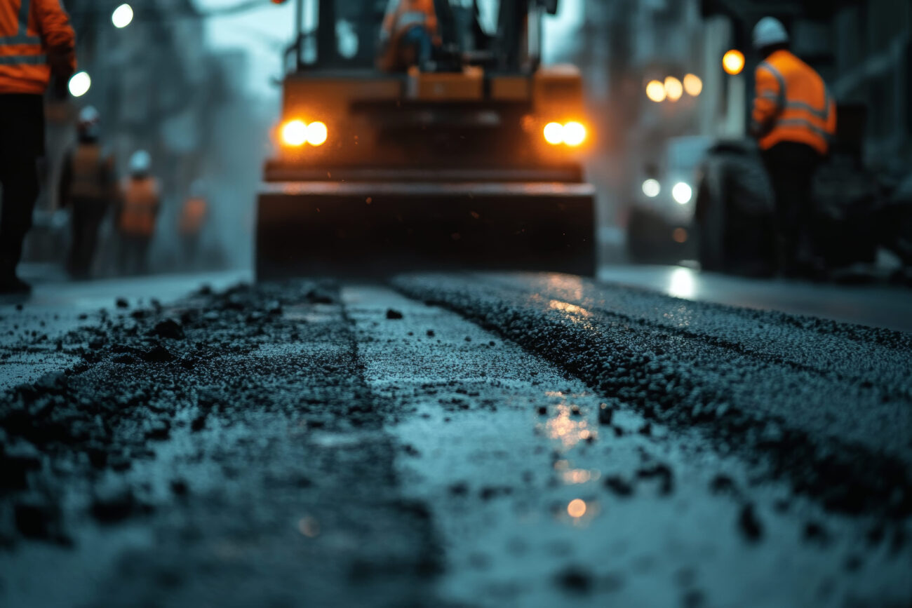 Road construction in progress: workers in high-visibility vests and a paving machine laying fresh asphalt on a city street at night.