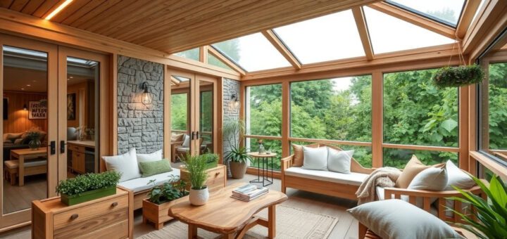 Bright sunroom with wooden beams, glass walls, and cushioned seating overlooking lush greenery outside.