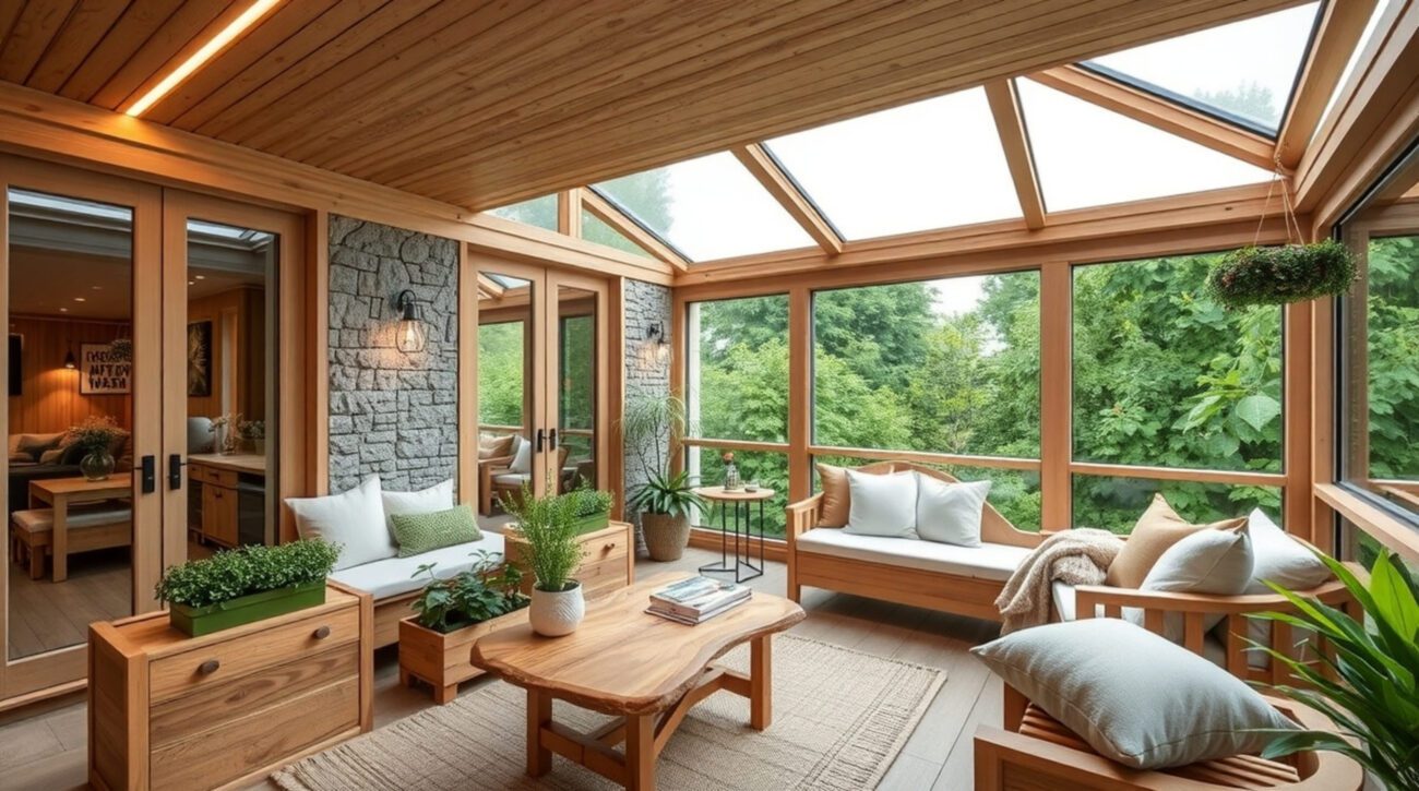 Interior of a modern living room with wooden furniture and garden view | Diario-ABC.Com Bright sunroom with wooden beams, glass walls, and cushioned seating overlooking lush greenery outside.