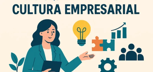 Businesswoman presenting concepts: lightbulb, puzzle pieces, gear, rising bar chart, group of people icons, and a plant.