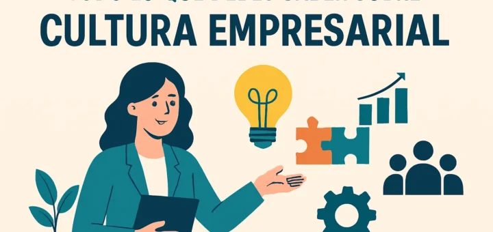Businesswoman presenting concepts: lightbulb, puzzle pieces, gear, rising bar chart, group of people icons, and a plant.