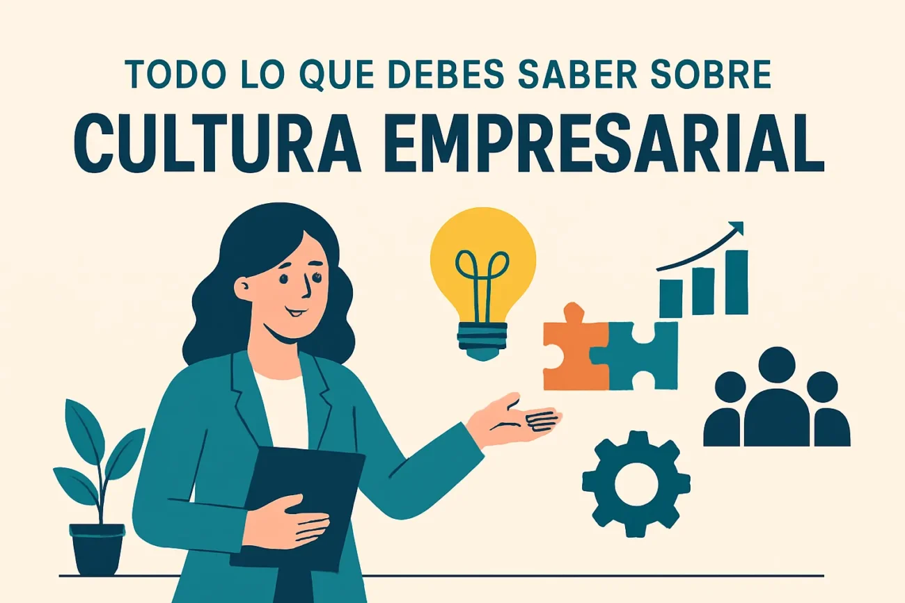 Todo-lo-que-debes-saber-sobre-cultura-empresarial | Diario-ABC.Com Businesswoman presenting concepts: lightbulb, puzzle pieces, gear, rising bar chart, group of people icons, and a plant.
