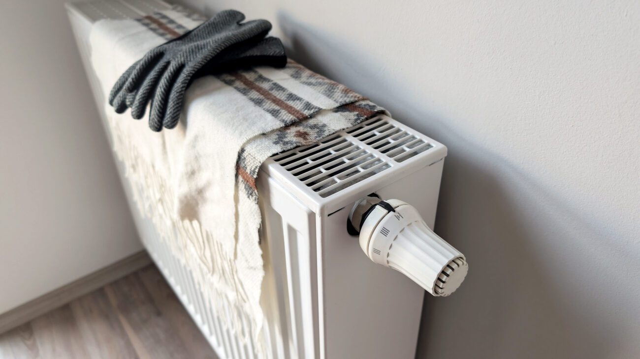783996 J Abad Codelco | Diario-ABC.Com White radiator heater with a plaid scarf and gray knit gloves resting on top, in a cozy indoor setting.