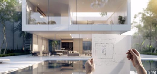 Person holds architectural plans in front of a modern glass-walled house with a pool in the foreground.