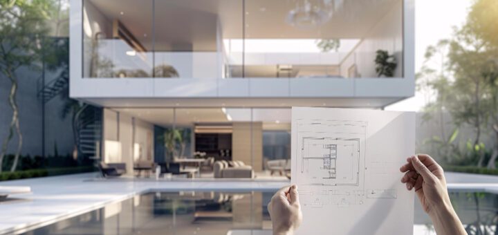 Person holds architectural plans in front of a modern glass-walled house with a pool in the foreground.