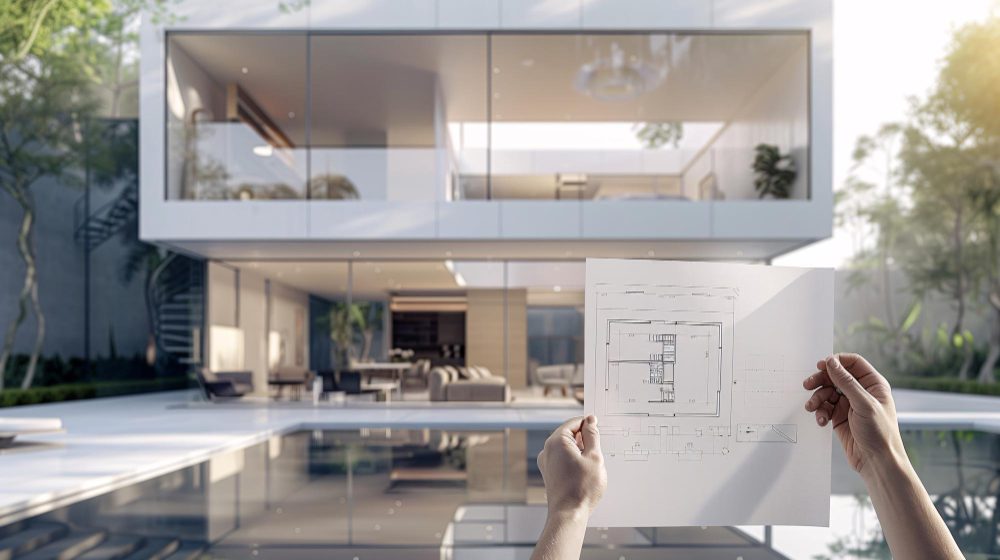 784540 - HULOT | Diario-ABC.Com Person holds architectural plans in front of a modern glass-walled house with a pool in the foreground.
