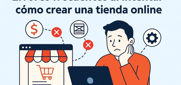 Illustration of a man at a laptop looking puzzled about creating an online store, with a storefront icon and error symbols around a browser window.