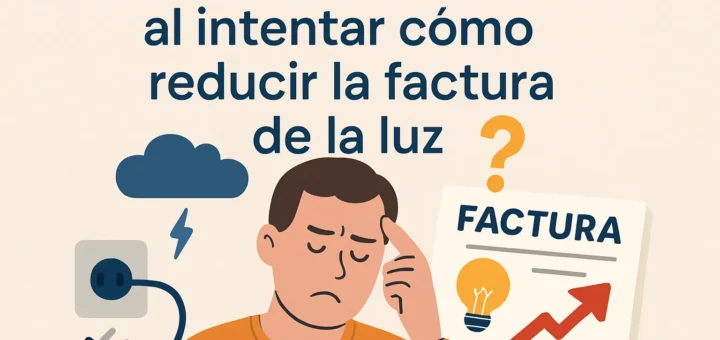 Ilustración de un hombre preocupado junto a una factura de electricidad y un enchufe, con un rayo y una nube, y el título en español sobre reducir la factura de la luz.
