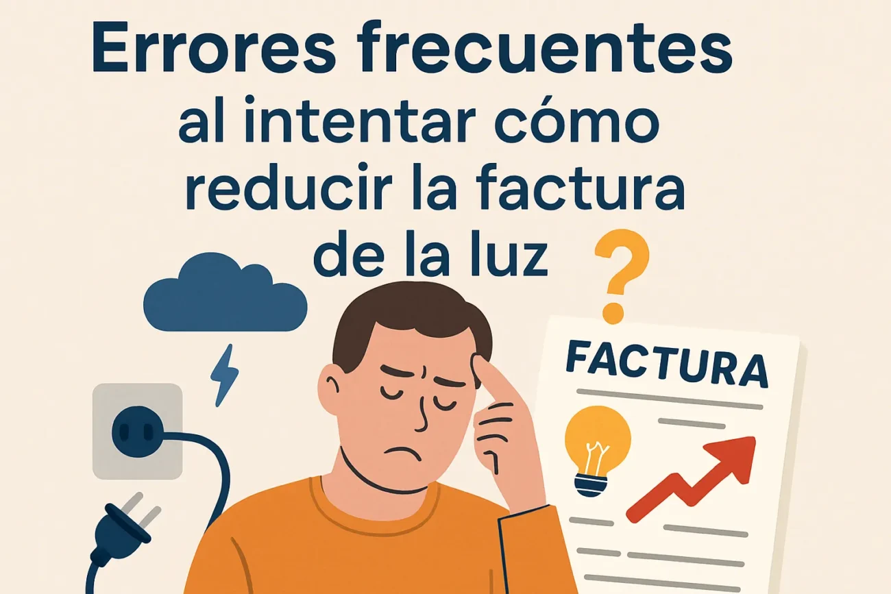 Ilustración de un hombre preocupado junto a una factura de electricidad y un enchufe, con un rayo y una nube, y el título en español sobre reducir la factura de la luz.