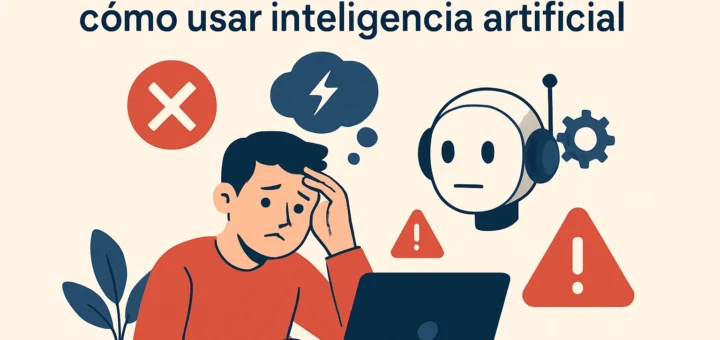 Ilustración de una persona frente a una laptop, con signos de alerta y un robot, sobre errores al usar inteligencia artificial.