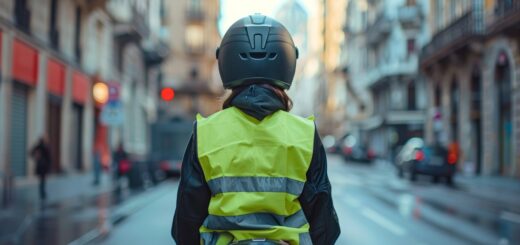 Person wearing a neon yellow reflective vest and helmet, viewed from behind, standing on a city street with tram tracks.