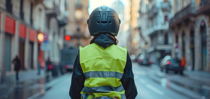Person wearing a neon yellow reflective vest and helmet, viewed from behind, standing on a city street with tram tracks.