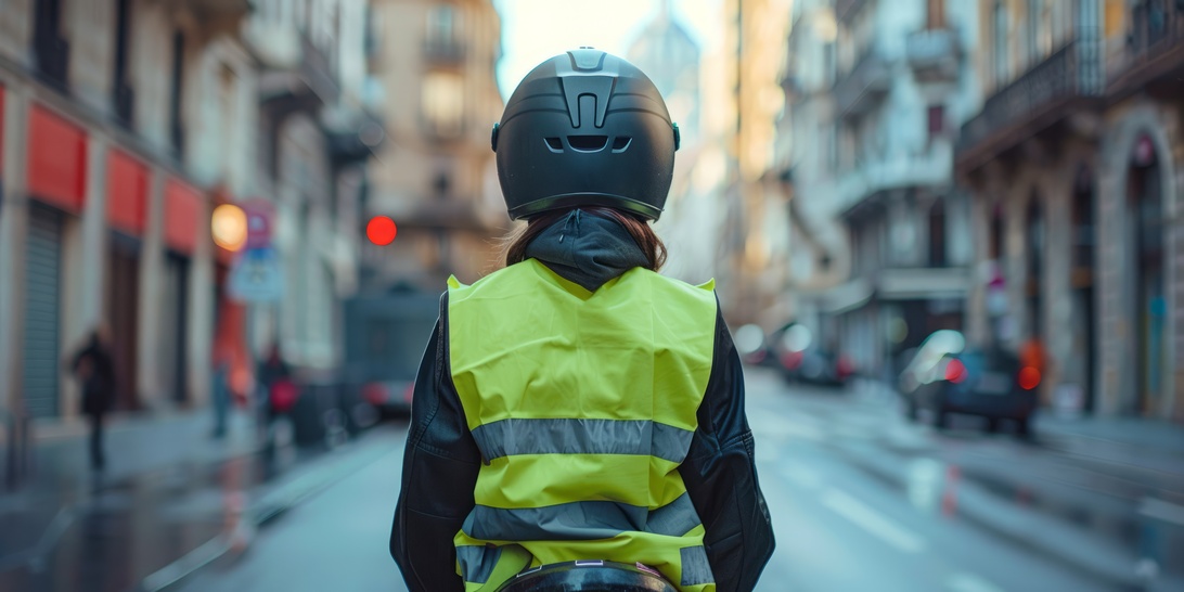 Biker with Reflective Vest on a City Street in Early Morning Light | Diario-ABC.Com Person wearing a neon yellow reflective vest and helmet, viewed from behind, standing on a city street with tram tracks.