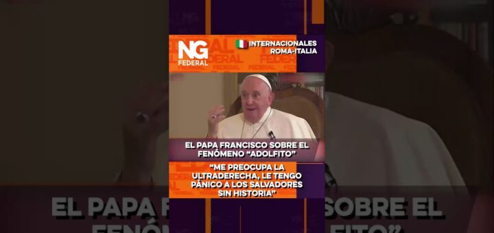 Religious leader in white robes speaking at a microphone, with bold Spanish captions about the 'Adolfito' phenomenon and the ultraright.