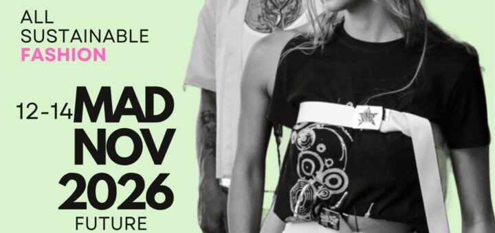 Poster for Sustainable Fashion Fest on a lime background with two models; large teal 'SUSTAINABLE FASHION'; event dates '12-14 MAD NOV 2026' and 'FUTURE TRENDS'; includes 'sustainable fashion fest' branding.