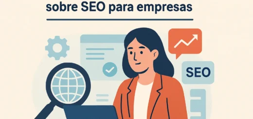 Businesswoman at a laptop researching SEO, with a magnifying glass and SEO icons in the background.