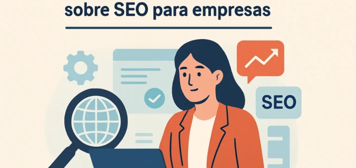 Businesswoman at a laptop researching SEO, with a magnifying glass and SEO icons in the background.