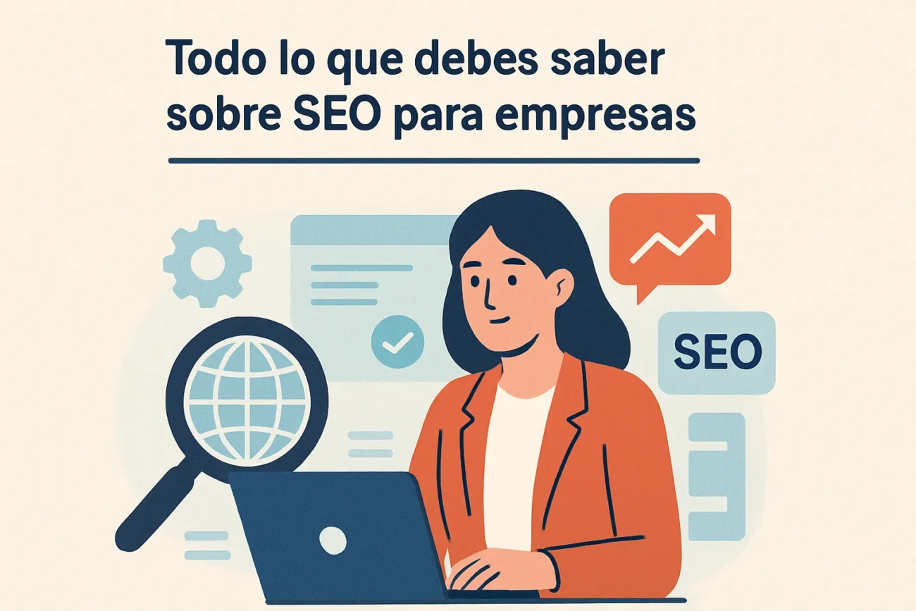 Todo-lo-que-debes-saber-sobre-SEO-para-empresas | Diario-ABC.Com Businesswoman at a laptop researching SEO, with a magnifying glass and SEO icons in the background.