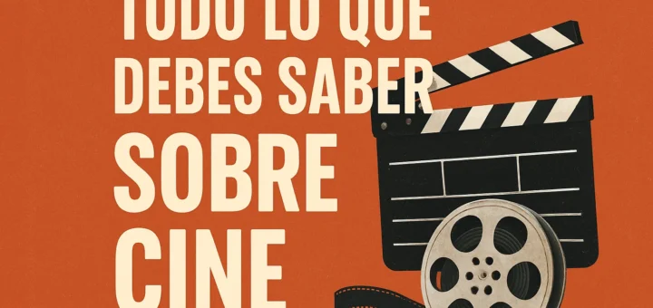 Portada en naranja con el texto en español 'Todo lo que debes saber sobre cine' junto a una claqueta y carrete de película