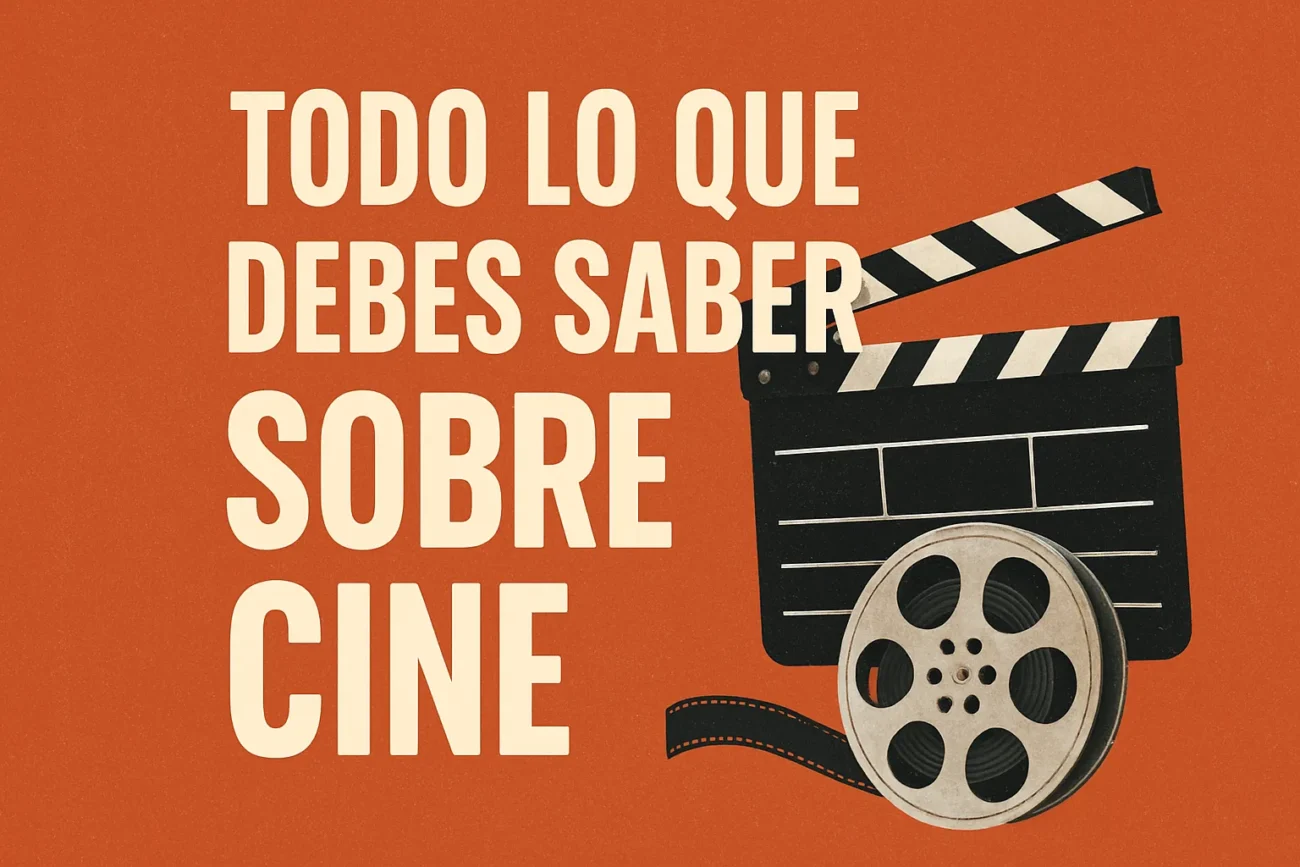 Todo-lo-que-debes-saber-sobre-cine | Diario-ABC.Com Portada en naranja con el texto en español 'Todo lo que debes saber sobre cine' junto a una claqueta y carrete de película