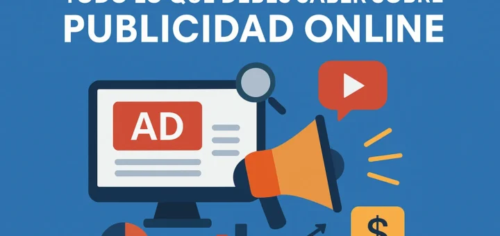 Portada sobre publicidad online: título en español, monitor con anuncio, megáfono y gráficos alrededor de la pantalla.