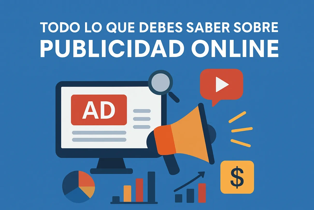 Todo-lo-que-debes-saber-sobre-publicidad-online | Diario-ABC.Com Portada sobre publicidad online: título en español, monitor con anuncio, megáfono y gráficos alrededor de la pantalla.