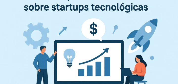 Banner with Spanish title 'Todo lo que debes saber sobre startups tecnológicas'; a man stands next to a laptop showing a rising bar chart and lightbulb, with a woman sitting at a desk nearby, plus gears and a rocket in the background.