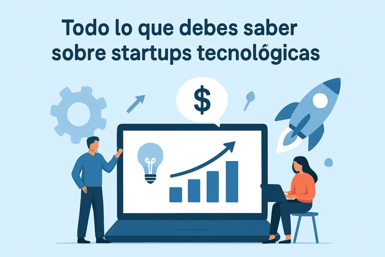 Todo-lo-que-debes-saber-sobre-startups-tecnologicas | Diario-ABC.Com Banner with Spanish title 'Todo lo que debes saber sobre startups tecnológicas'; a man stands next to a laptop showing a rising bar chart and lightbulb, with a woman sitting at a desk nearby, plus gears and a rocket in the background.